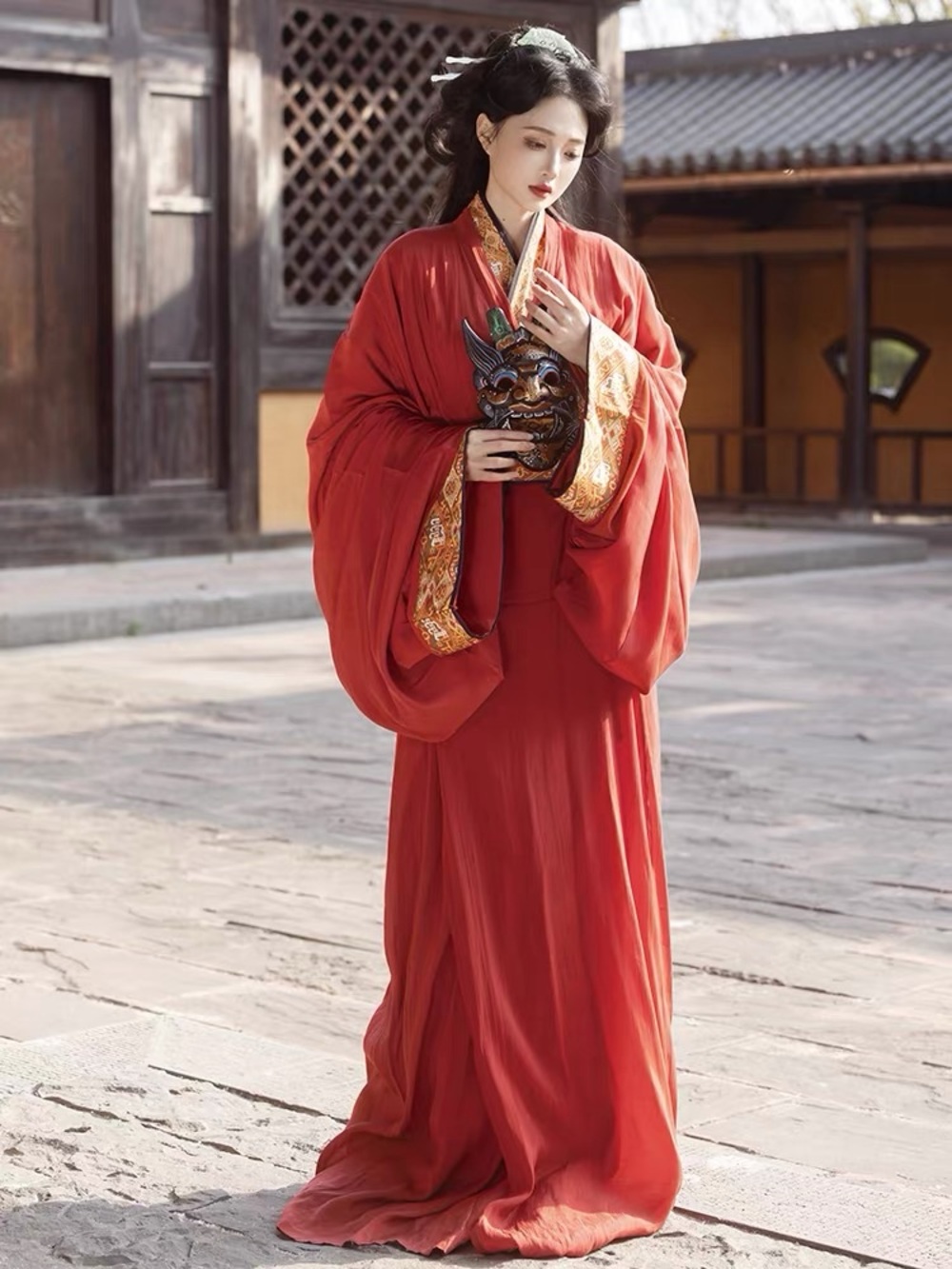 Red Traditional Hanfu Robe with Gold Trim
